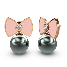 Siyah inci ve beyaz zirkon 925 ayar rose altın kaplama gümüş küpe (Pastel pembe mineli)