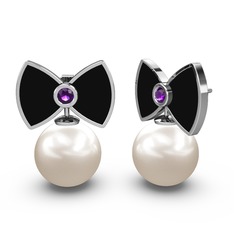 Papyon İnci Küpe - Inci ve ametist 8 ayar beyaz altın küpe (Siyah mineli) #1ceagx3