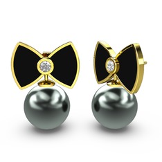 Papyon İnci Küpe - Siyah inci ve beyaz zirkon 8 ayar altın küpe (Siyah mineli) #1ewhf55