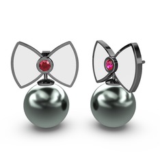 Papyon İnci Küpe - Siyah inci ve rodolit garnet 925 ayar siyah rodyum kaplama gümüş küpe (Beyaz mineli) #1j1aws