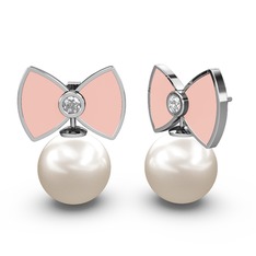 Inci ve pırlanta 18 ayar beyaz altın küpe (0.12 karat, pastel pembe mineli)