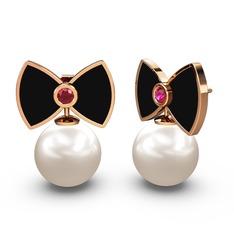 Papyon İnci Küpe - Inci ve rodolit garnet 14 ayar rose altın küpe (Siyah mineli) #1k1zzfe