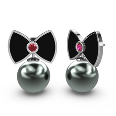 Papyon İnci Küpe - Siyah inci ve rodolit garnet 14 ayar beyaz altın küpe (Siyah mineli) #1kzhquc