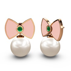 Papyon İnci Küpe - Inci ve kök zümrüt 14 ayar rose altın küpe (Pastel pembe mineli) #1na6six