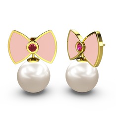 Inci ve rodolit garnet 8 ayar altın küpe (Pastel pembe mineli)