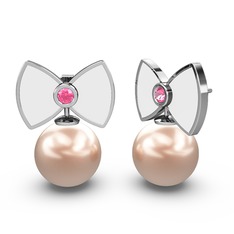 Papyon İnci Küpe - Pembe inci ve pembe kuvars 14 ayar beyaz altın küpe (Beyaz mineli) #1pvr12l