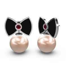 Papyon İnci Küpe - Pembe inci ve kök yakut 18 ayar beyaz altın küpe (Siyah mineli) #1qrwgxb