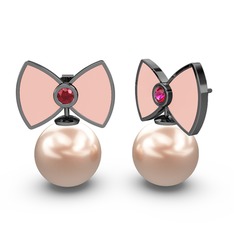 Papyon İnci Küpe - Pembe inci ve rodolit garnet 925 ayar siyah rodyum kaplama gümüş küpe (Pastel pembe mineli) #1soccdd