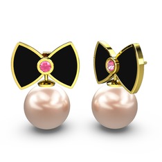 Papyon İnci Küpe - Pembe inci ve pembe kuvars 14 ayar altın küpe (Siyah mineli) #1u2zt4a