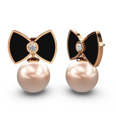 Papyon İnci Küpe - Pembe inci ve beyaz zirkon 14 ayar rose altın küpe (Siyah mineli) #1xh0s65