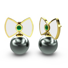 Papyon İnci Küpe - Siyah inci ve kök zümrüt 18 ayar altın küpe (Beyaz mineli) #27mrps