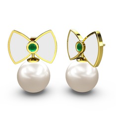 Papyon İnci Küpe - Inci ve kök zümrüt 14 ayar altın küpe (Beyaz mineli) #66msu