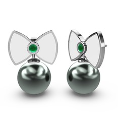 Papyon İnci Küpe - Siyah inci ve kök zümrüt 925 ayar gümüş küpe (Beyaz mineli) #8kjukx