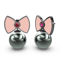 Papyon İnci Küpe - Siyah inci ve rodolit garnet 925 ayar siyah rodyum kaplama gümüş küpe (Pastel pembe mineli) #8xe6r0