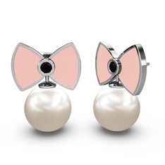 Inci ve siyah zirkon 8 ayar beyaz altın küpe (Pastel pembe mineli)