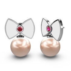 Papyon İnci Küpe - Pembe inci ve rodolit garnet 8 ayar beyaz altın küpe (Beyaz mineli) #bs9wu4