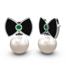 Papyon İnci Küpe - Inci ve kök zümrüt 14 ayar beyaz altın küpe (Siyah mineli) #dsggkp