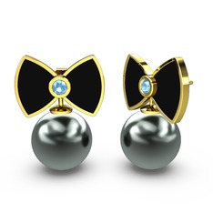 Papyon İnci Küpe - Siyah inci ve akuamarin 14 ayar altın küpe (Siyah mineli) #fjpcn1