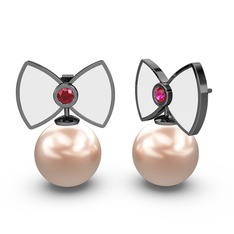 Papyon İnci Küpe - Pembe inci ve rodolit garnet 925 ayar siyah rodyum kaplama gümüş küpe (Beyaz mineli) #h4j6dr