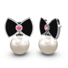 Papyon İnci Küpe - Inci ve pembe kuvars 18 ayar beyaz altın küpe (Siyah mineli) #k45k2l