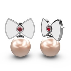 Papyon İnci Küpe - Pembe inci ve garnet 8 ayar beyaz altın küpe (Beyaz mineli) #laq6fq