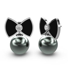 Papyon İnci Küpe - Siyah inci ve beyaz zirkon 14 ayar beyaz altın küpe (Siyah mineli) #lue2ly