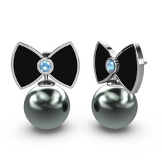 Papyon İnci Küpe - Siyah inci ve akuamarin 14 ayar beyaz altın küpe (Siyah mineli) #lxpxnv