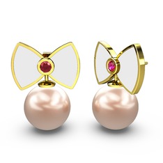 Papyon İnci Küpe - Pembe inci ve rodolit garnet 18 ayar altın küpe (Beyaz mineli) #ozqigj