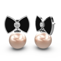 Papyon İnci Küpe - Pembe inci ve swarovski 8 ayar beyaz altın küpe (Siyah mineli) #tjzbfd