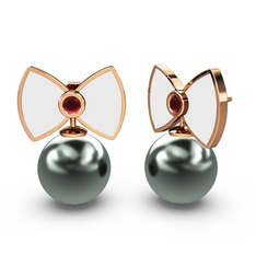 Papyon İnci Küpe - Siyah inci ve kök yakut 14 ayar rose altın küpe (Beyaz mineli) #vo184h