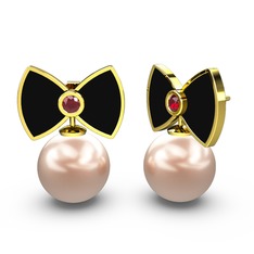 Papyon İnci Küpe - Pembe inci ve garnet 18 ayar altın küpe (Siyah mineli) #xzpr0o