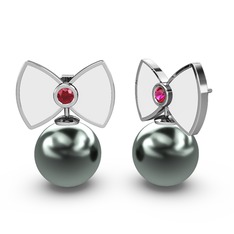 Papyon İnci Küpe - Siyah inci ve rodolit garnet 925 ayar gümüş küpe (Beyaz mineli) #y6n269