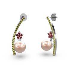 Lenta İnci Küpe - Pembe inci, peridot ve garnet 8 ayar beyaz altın küpe #108r0or