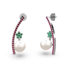 Lenta İnci Küpe - Inci, rodolit garnet ve yeşil kuvars 14 ayar beyaz altın küpe #10upm61