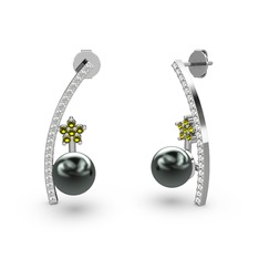 Siyah inci, pırlanta ve peridot 925 ayar gümüş küpe (0.18 karat)