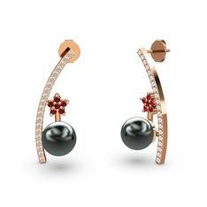 Lenta İnci Küpe - Siyah inci, swarovski ve garnet 925 ayar rose altın kaplama gümüş küpe #113wry9