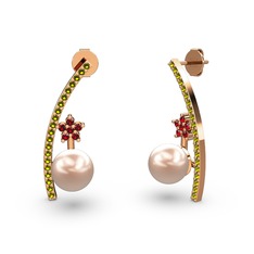 Lenta İnci Küpe - Pembe inci, peridot ve garnet 14 ayar rose altın küpe #115ypsy