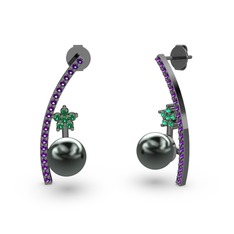 Lenta İnci Küpe - Siyah inci, ametist ve yeşil kuvars 925 ayar siyah rodyum kaplama gümüş küpe #11c51c3