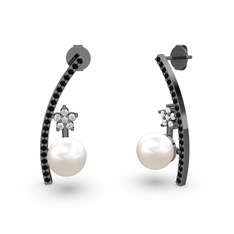 Lenta İnci Küpe - Inci, siyah zirkon ve beyaz zirkon 925 ayar siyah rodyum kaplama gümüş küpe #11jmi05