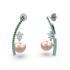Pembe inci, yeşil kuvars ve swarovski 8 ayar beyaz altın küpe