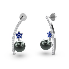 Lenta İnci Küpe - Siyah inci, swarovski ve lab safir 18 ayar beyaz altın küpe #12275qs