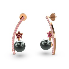 Siyah inci, pembe kuvars ve rodolit garnet 8 ayar rose altın küpe