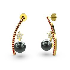 Lenta İnci Küpe - Siyah inci, garnet ve pırlanta 14 ayar altın küpe (0.44 karat) #12gmzjz