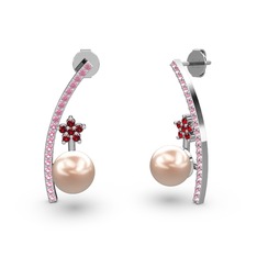 Lenta İnci Küpe - Pembe inci, pembe kuvars ve garnet 8 ayar beyaz altın küpe #12mo29s