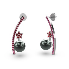 Siyah inci, rodolit garnet ve garnet 18 ayar beyaz altın küpe