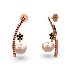 Pembe inci, rodolit garnet ve siyah zirkon 8 ayar rose altın küpe