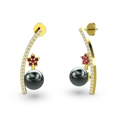 Siyah inci, swarovski ve rodolit garnet 8 ayar altın küpe