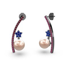 Lenta İnci Küpe - Pembe inci, rodolit garnet ve lab safir 925 ayar siyah rodyum kaplama gümüş küpe #14a153a