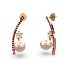 Lenta İnci Küpe - Pembe inci, rodolit garnet ve pırlanta 8 ayar rose altın küpe (0.44 karat) #154n7q7