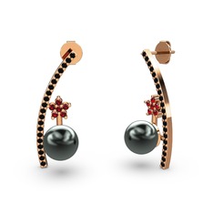 Lenta İnci Küpe - Siyah inci, siyah zirkon ve garnet 18 ayar rose altın küpe #15hsypc